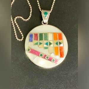 Pretty Inlay Pendant Sterling Silver 950 with Natural Stones and shells